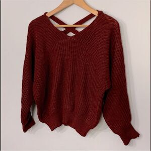 Women’s Knit Red Burgundy Relaxed Fit Pullover Sweater With Crisscross Straps S